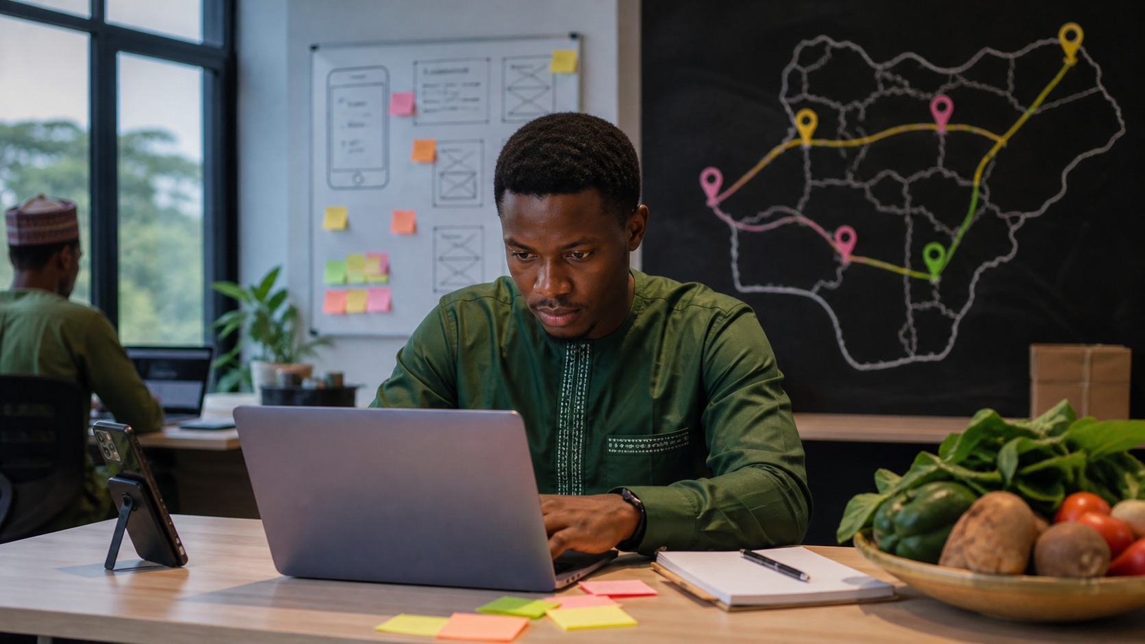 Nigerian founder testing an agricultural logistics startup in Abuja