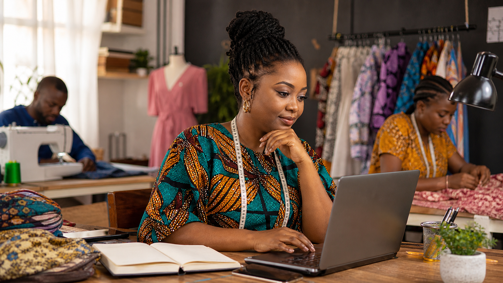 Nigerian fashion entrepreneur using AI in a Surulere studio