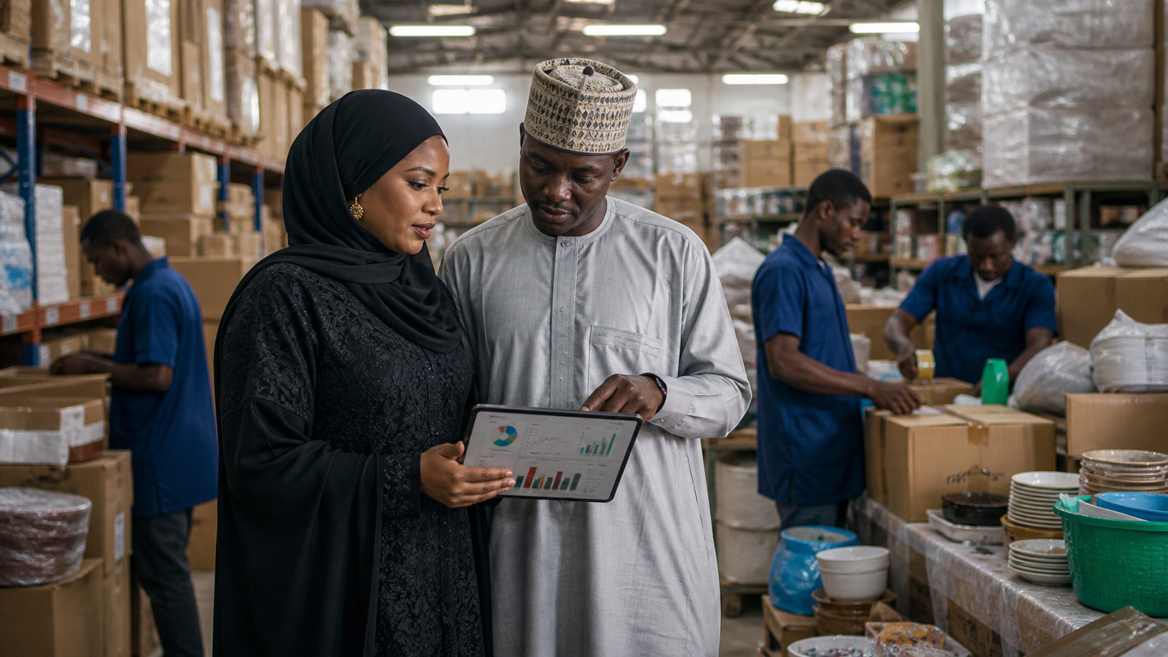 Nigerian SME manager reviewing warehouse operations in Kano