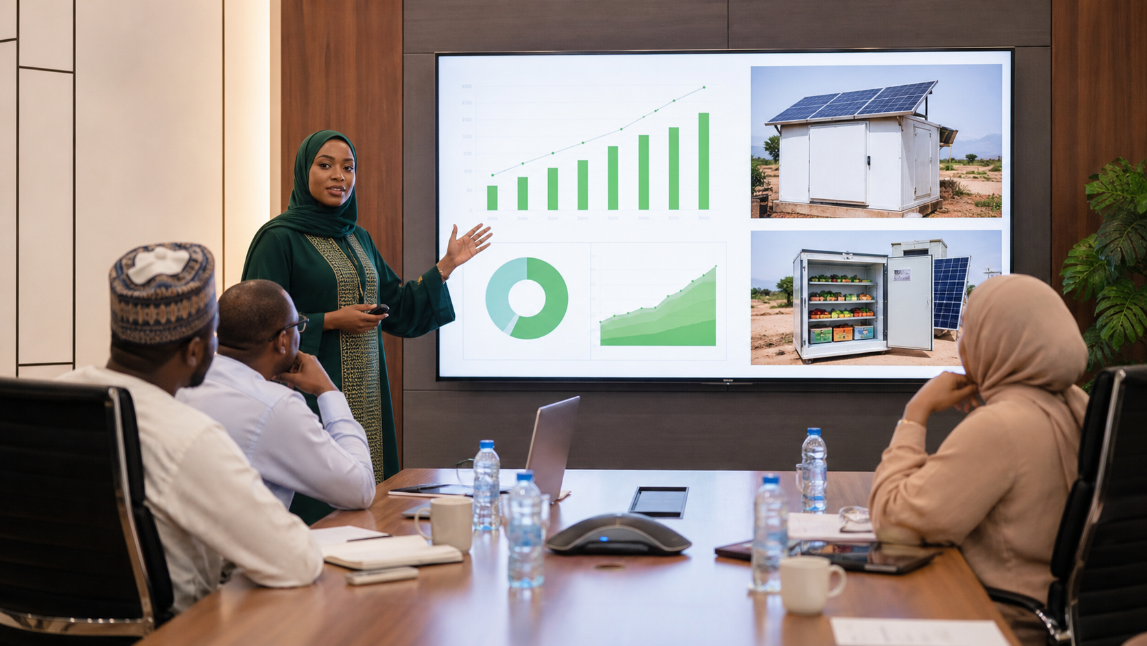 Nigerian founder presenting a solar cold-storage venture in Abuja