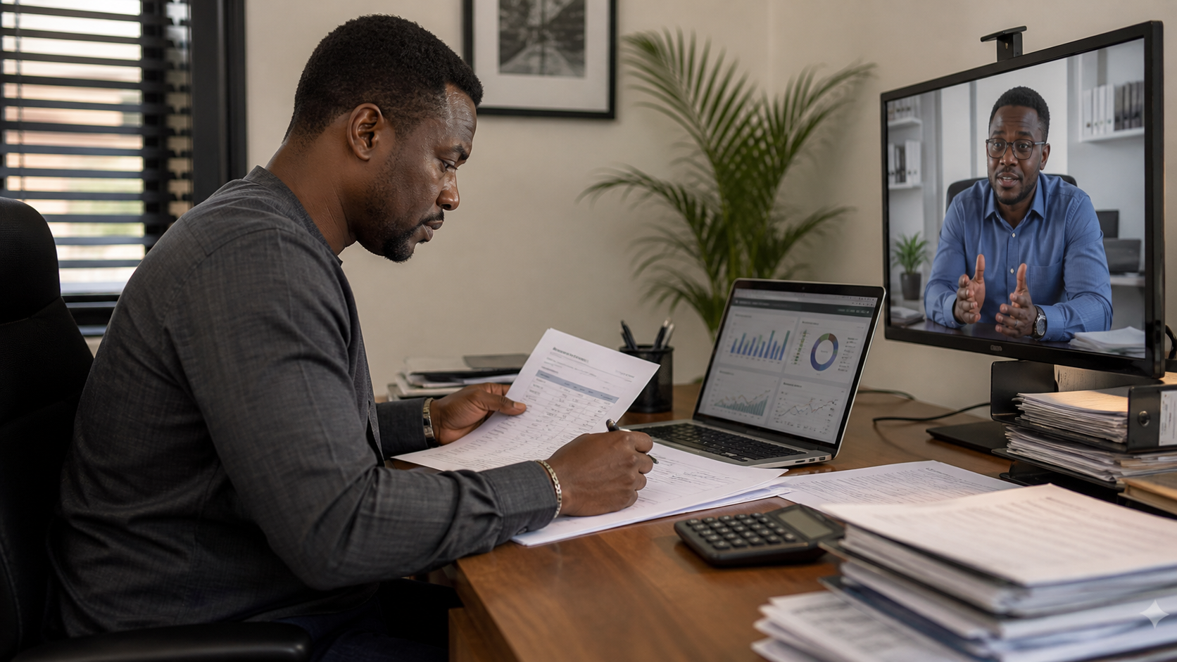 Nigerian finance manager organising SME tax records in Enugu